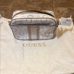 Guess Cream and Tan Crossbody Bag with Monogram
